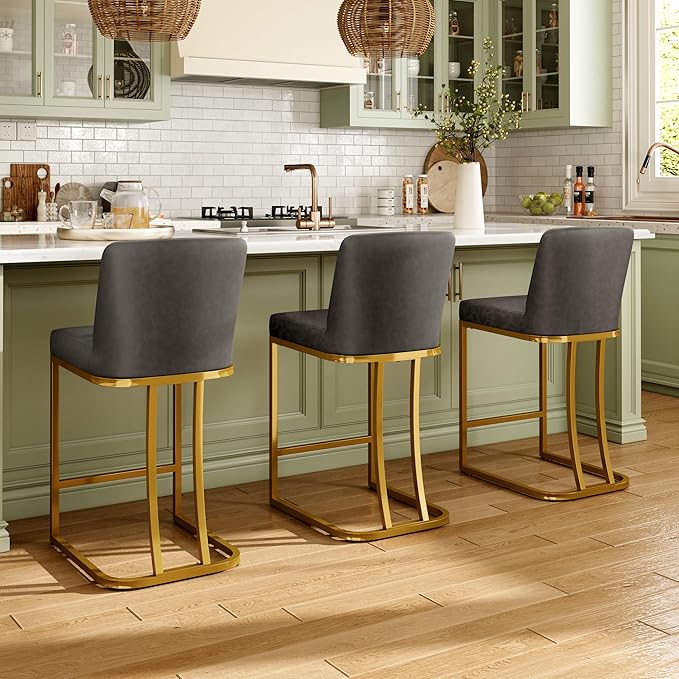MAISON ARTS Counter Height Bar Stools Set of 3 with Back for Kitchen Counter 24 inch Modern Gold Barstools Upholstered Faux Leather Farmhouse Bar Chairs Island Stools Support 330LBS, Grey+Gold