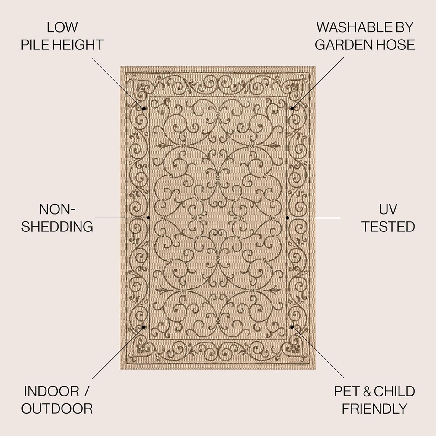JONATHAN Y Vintage Filigree Indoor Outdoor Round Area Rug 5 Ft Beige/Brown, Charleston Textured Weave for Backyard, Patio, Porch, Easy-Cleaning, High Traffic, Pet-Friendly, Non-Shedding (SMB106A-5R)