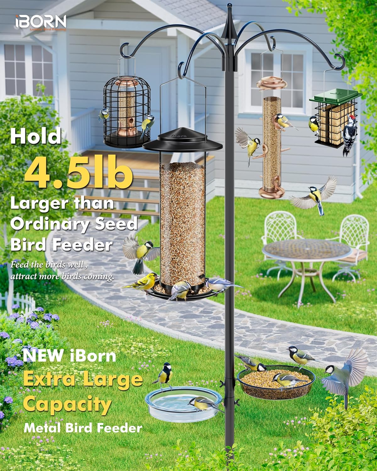 iBorn Metal Bird Feeder for Outside Hanging,Wild Bird Feeders for Cardinal,18cm Large Roof&Green,42CM Long,4.5lb High-Capacity(Seed is not Included)