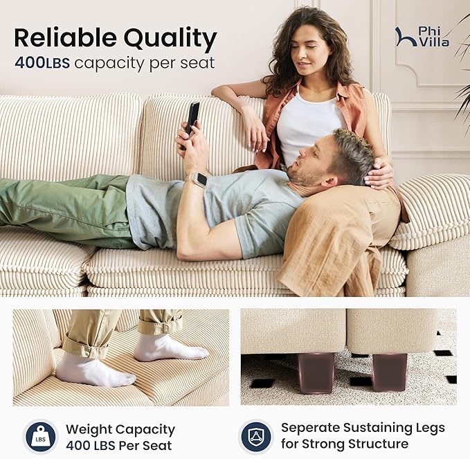 PHI VILLA Cloud Modular Couches Sets, 2 Pieces Sectional Sofa Set with Loveseat, 5-Seater Upholstered Couch for Living Room Small Spaces, Chenille Corduroy Dual Fabric, Beige