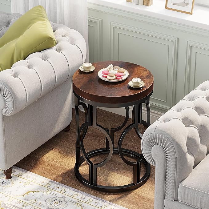 Tribesigns Round End Table, Industrial SideTable with Metal Hollow Frame, Small Bedside Table Nightstand for Living Room, Bedroom, Easy Assembly (Rustic Brown,1PC)