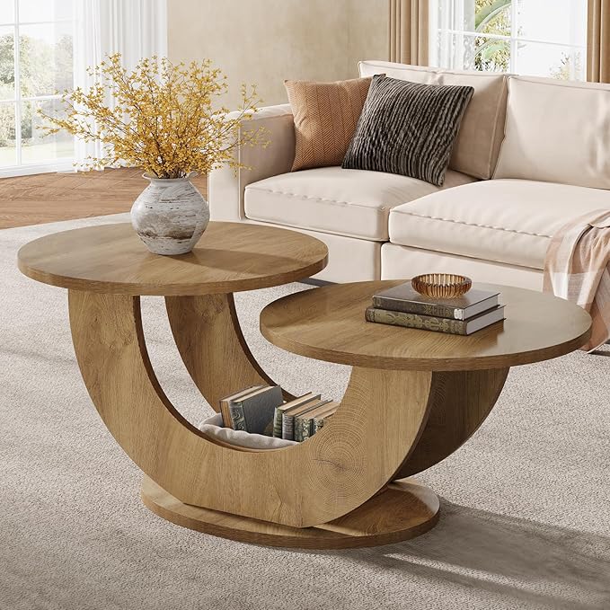 Tribesigns 46-inch Round Coffee Table, Modern Living Room Coffee Table with Funky U-Shaped Frame, Low Accent Center Tea Table for Home, Apartment, Oak
