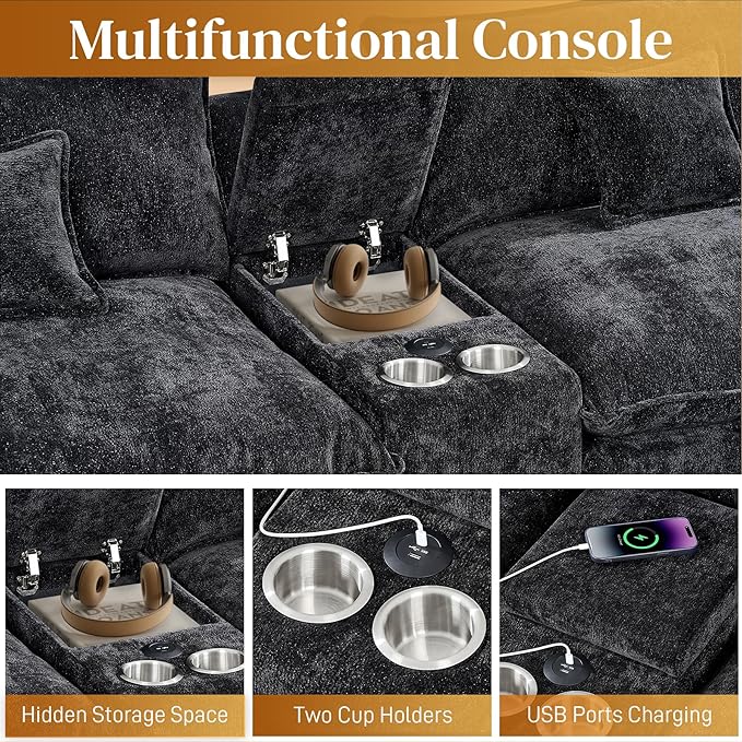 HYJT-H&K 145" U Shaped Cloud Couch Modular Black Fluffy Sectional Couches for Living Room, Comfy Chenille Oversized Cloud Couch Sectional, 6 Seat Large Sectionals Sofa Set Central Console USB