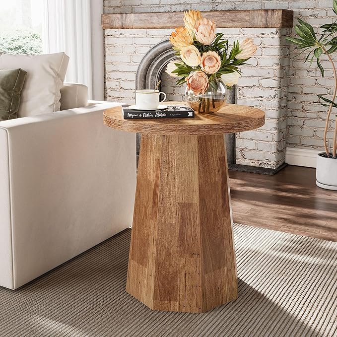 Tribesigns Farmhouse Round End Table, Wooden Couch Side Table with Octagonal Base, Rustic Brown Nightstand Pedestal Accent Furniture for Living Room, Bedroom (1, Walnut)