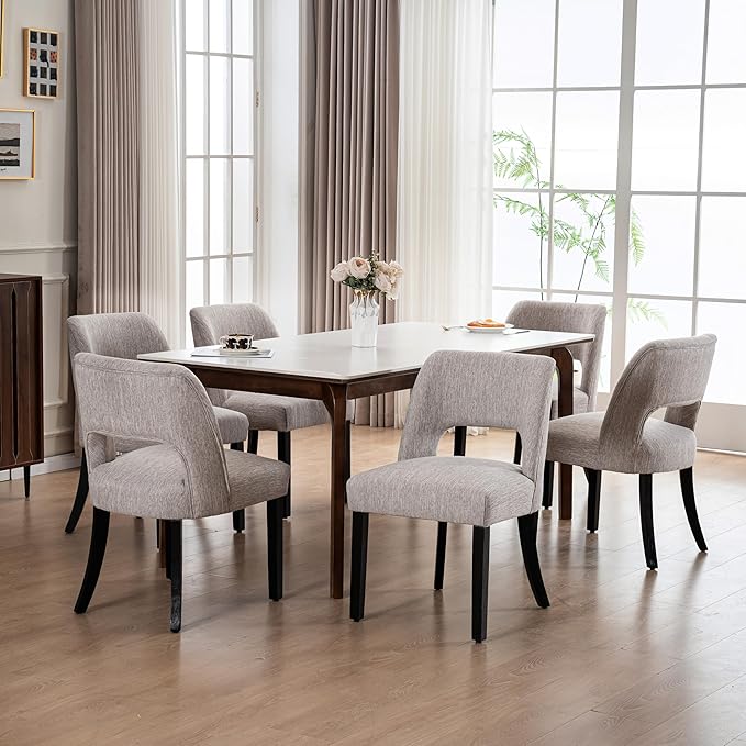 VKNOW Wooden Dining Chairs Set of 6, Modern Fabric Upholstered Dining Room Chair Kitchen Chairs, Farmhouse Dinner Chair for Kitchen Dining Room, Grey-Black Legs