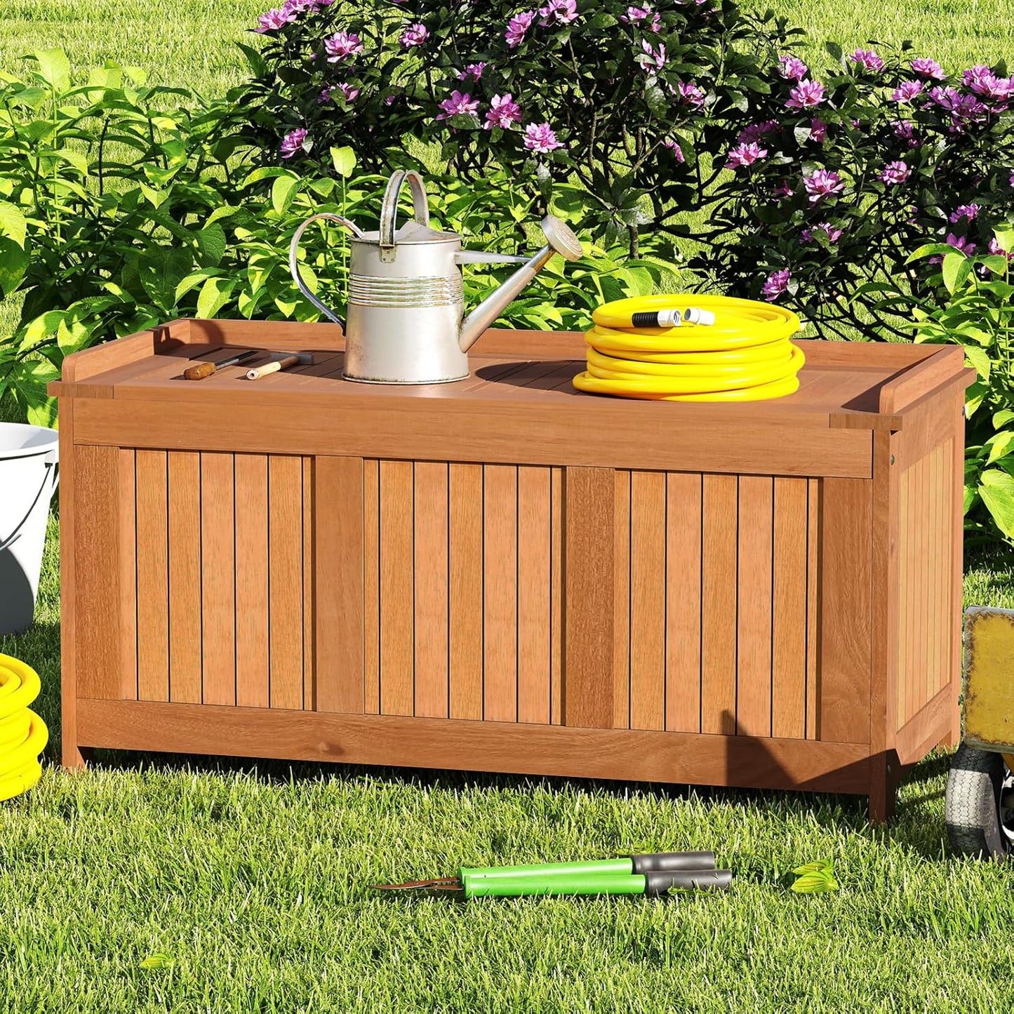Tangkula 58 Gallon Wood Deck Box, 3-in-1 Patio Storage Bench Stool w/Flip Top for Cushions, Pool Supplies, Gardening Tools, Outdoor Container Chest for Garden, Backyard, Poolside