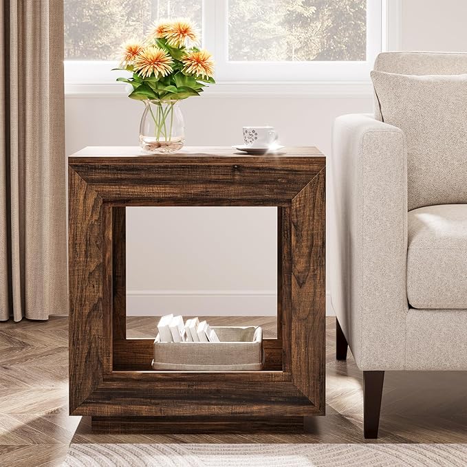 Tribesigns Rustic Brown End Table, 24" Side Table with Storage Shelf, Farmhouse Style Nightstand Bedside Table for Small Spaces, Bedroom, Living Room, Entryway, Easy Assembly (2, Brown)