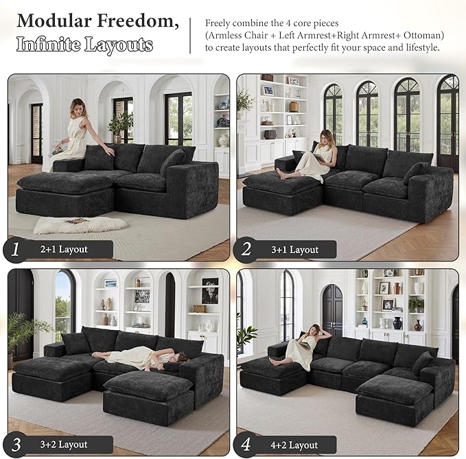 108" Sectional Couches for Living Room Boneless Couch Upholstered Cloud Couch Sectional Modular Sectional Sofa with L Shaped (Chenille-Black, 3 Seat+2 Ottoman)