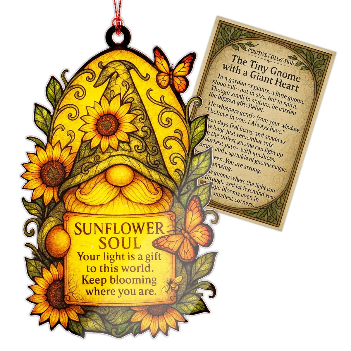 Sunflower Soul Gnome Ornament – Positive Encouragement | Bloom with Light – Butterfly – Uplifting Gift Card [Inspiration Ornament] – Suncatcher Effect Stained Glass Window – Car Hanging