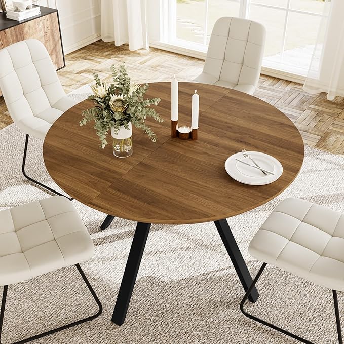Extendable Round Dining Table Set for 4 People, 43.3"-59.1" Extendable Kitchen Table with 4 Upholstered Chairs, Space Saving for Kitchen Dining Room (Walnut Table+4 U-Shaped White Chairs)