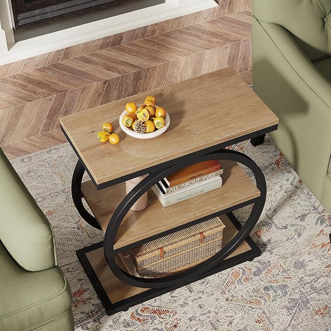 Tribesigns Side End Table with 3 Storage Shelves, Industrial Sofa Table with Round Metal Frame for Living Room, Engineered Wood Nightstand for Bedroom, Oak