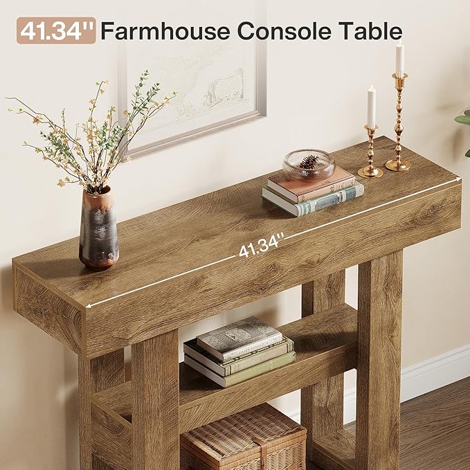 Tribesigns 41.34-Inch Farmhouse Console Table, 2-Tier Narrow Sofa Table Behind The Couch, Entryway Furniture with Storage Shelves for Hallway Foyer Living Room, Light Brown