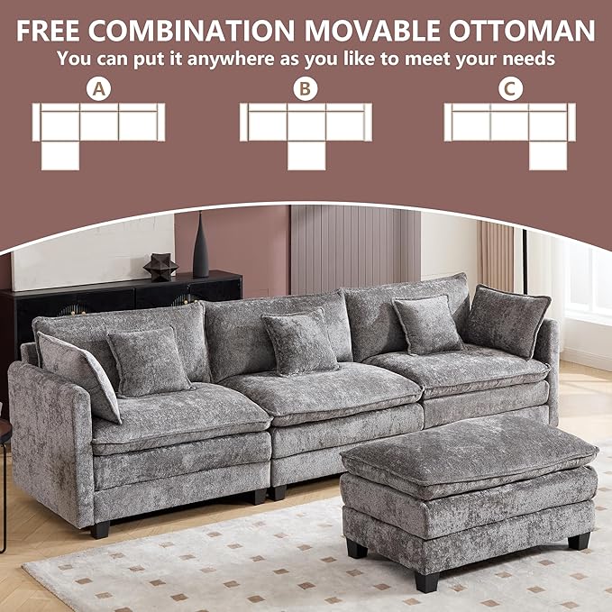 Plush Modular Cloud Sofa Set with Ottoman | L/U-Shaped Deep Seating Chenille Sectional for Family Living Room