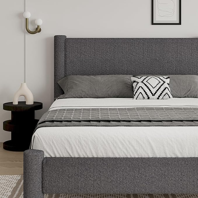 Queen Size Bed Frame, Boucle Upholstered Platform Bed Frame with Headboard and Footboard, Soft Bed Frame with Rounded Corners, No Box Spring Required, Easy Assembly, Dark Grey