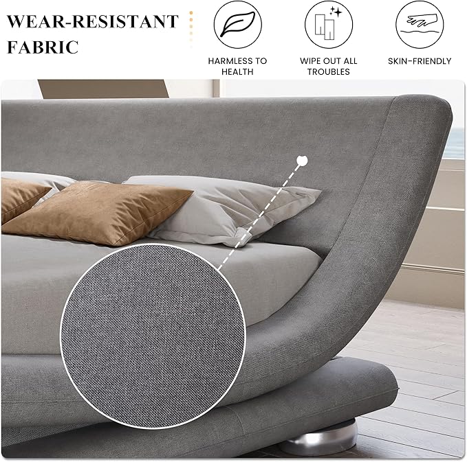 SHA CERLIN Queen Size Upholstered Bed Frame, Deluxe Low Profile Sleigh Bed with Linen Ergonomics Headboard, No Box Spring Needed & Easy Assembly, Grey