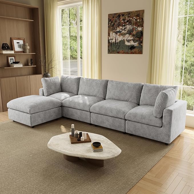 WJShome L Shaped Sectional Couch 134 Inch 4-Seater Modern Modular Sofa with Ottoman,Chenille Deep Seat Couches for Living Room, Bedroom and Apartment，Gray