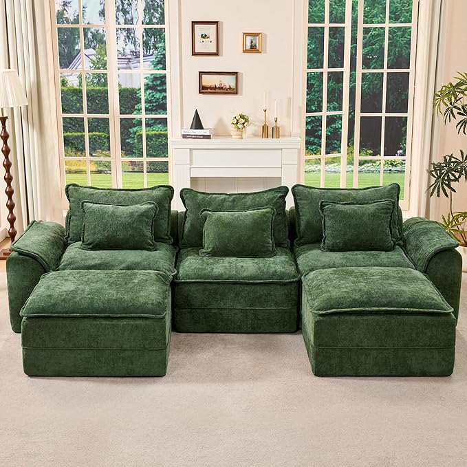 Hobestluk 120" Cloud Modular Sectional Couch 3-Seater Sofa with Ottomans U Shaped Couch Deep Seat Sofa with Removable Cover Large Sofa for Living Room (Green, 3-Seater Sofa with Two Ottomans)