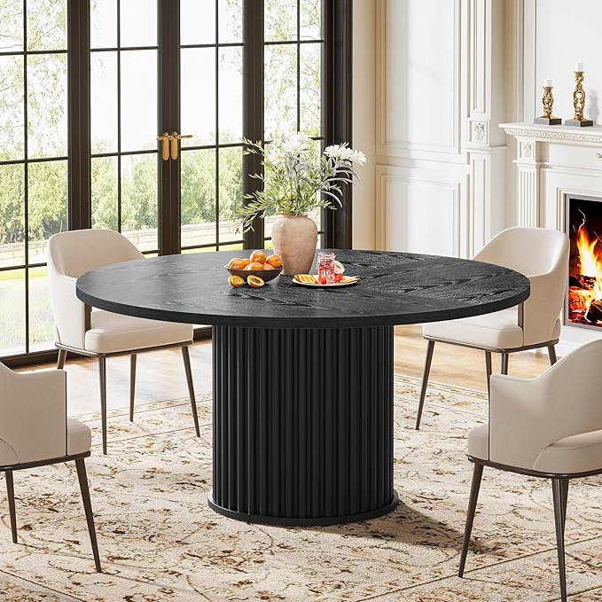 Tribesigns Round Dining Table for 4-6, 47-Inch Modern Circle Kitchen Table with Fluted Round Base, Farmhouse Wood Dinner Table for Dining Room, Kitchen, Living Room, Black
