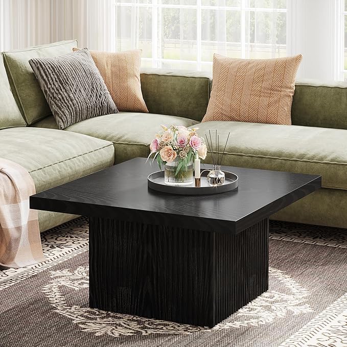 Tribesigns Square Coffee Table, 31.5-Inch Fluted Coffee Table, Mid-Century Modern Living Room Table, Large Cocktail Table for Living Room, Easy Assembly, Black