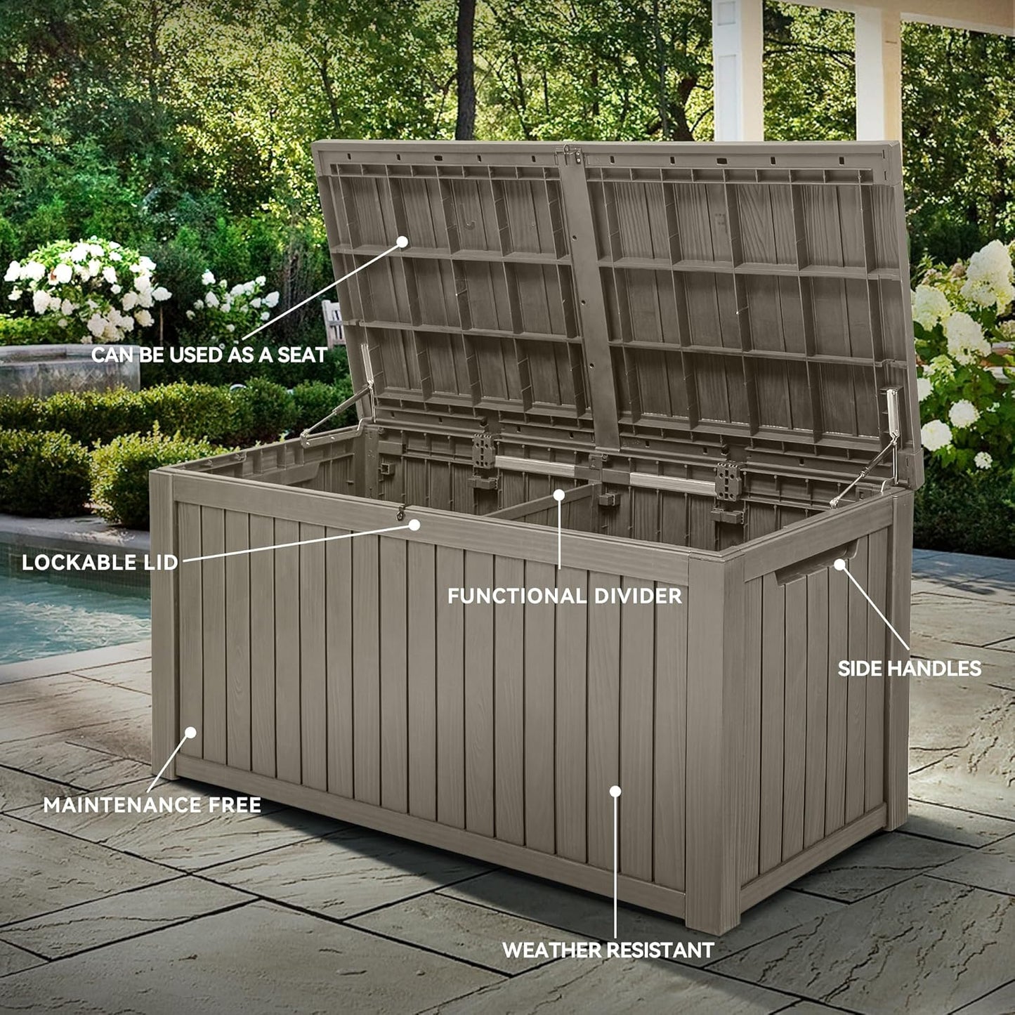 YITAHOME 180 Gallon XL Outdoor Storage Deck Box with Divider, Waterproof & Lockable, Ideal for Patio Furniture and Garden Tools, Resin-Built, Wood-Like Texture, Brown