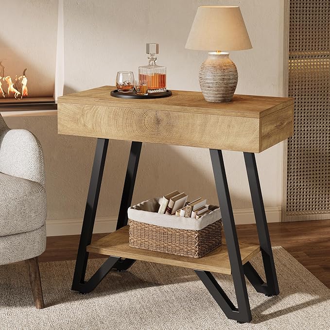 Tribesigns End Side Table for Living Room, Narrow Couch Arm Side Table with Storage Shelves, Small Bedside Nightstand for Bedroom, Small Spaces, Natural