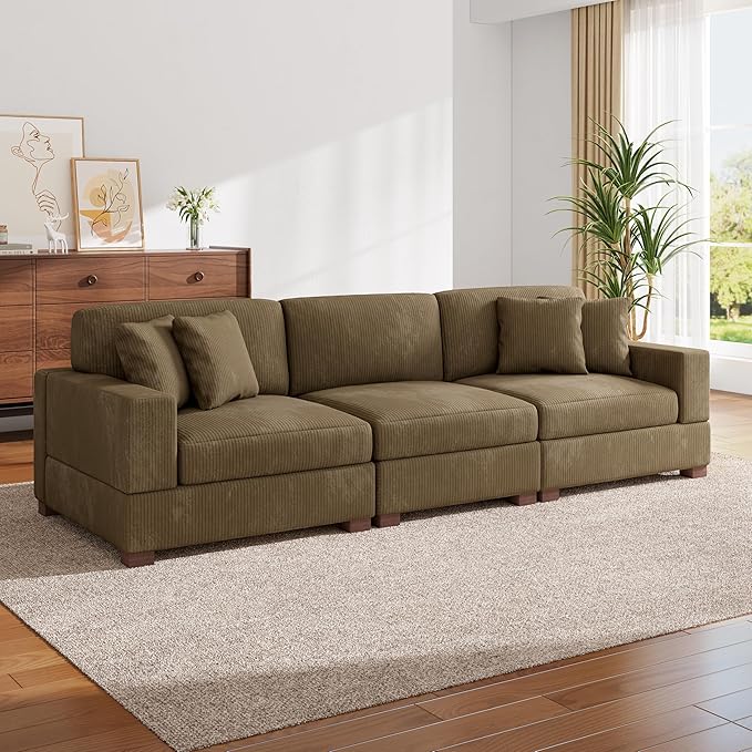 Modular Sectional Couches for Living Room, 118" Modern Upholstered 3-Seater Sofa Couche for Living Room Bedroom, Camel