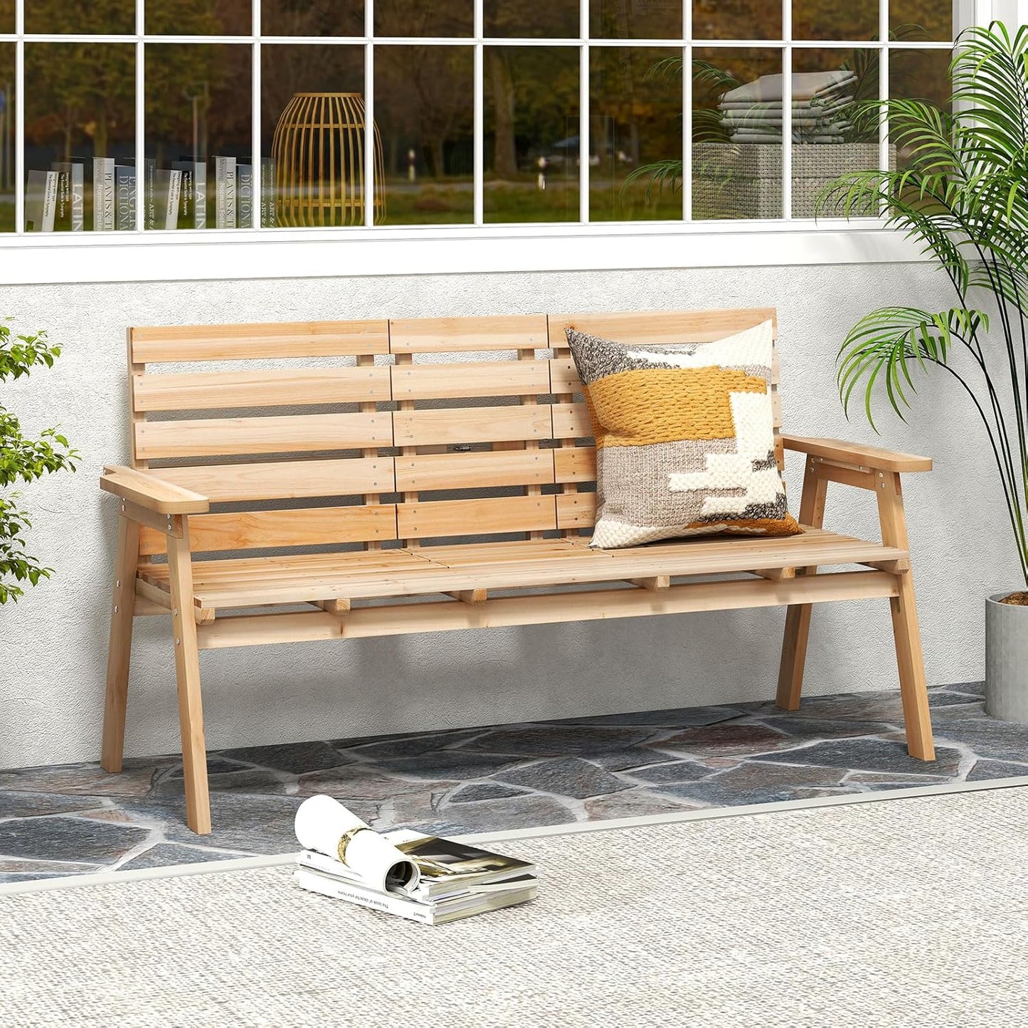Tangkula Outdoor Fir Wood Bench with Foldable Middle Table, 2-3 Person Garden Bench with Backrest and Armrests, 710 lbs Weight Capacity, Slatted Seat Bench for Porch, Patio, Backyard