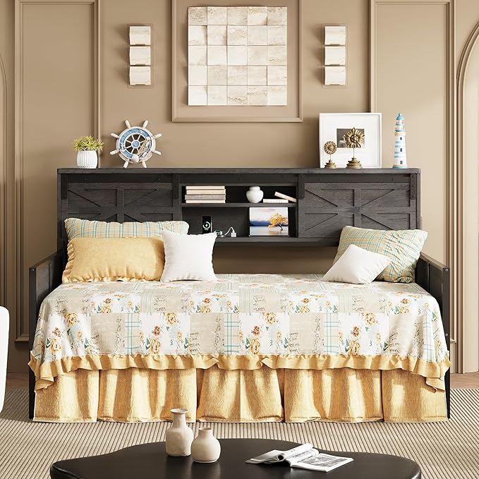 LIKIMIO Daybed with Trundle Bed, Sofa Bed Twin with Charging Station, with Storage Headboard & Strong Support, for Living Room, Bedroom and Guest Room, Charcoal Grey