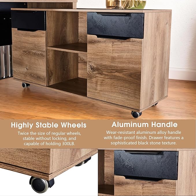 70.87 Inch L Shaped Executive Office Desk with 2 Drawers, Modern Home Office with File Cabinet, Business Furniture W/Stand Under Storage Organizer with 4 Wheels