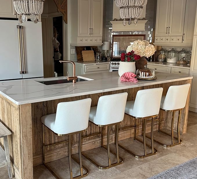 MAISON ARTS Off White & Gold Counter Height Bar Stools with Back Set of 3 for Kitchen Counter 24 Inch Modern Upholstered Faux Leather Barstools Farmhouse Bar Chairs Luxury Island Stools Support 330LBS