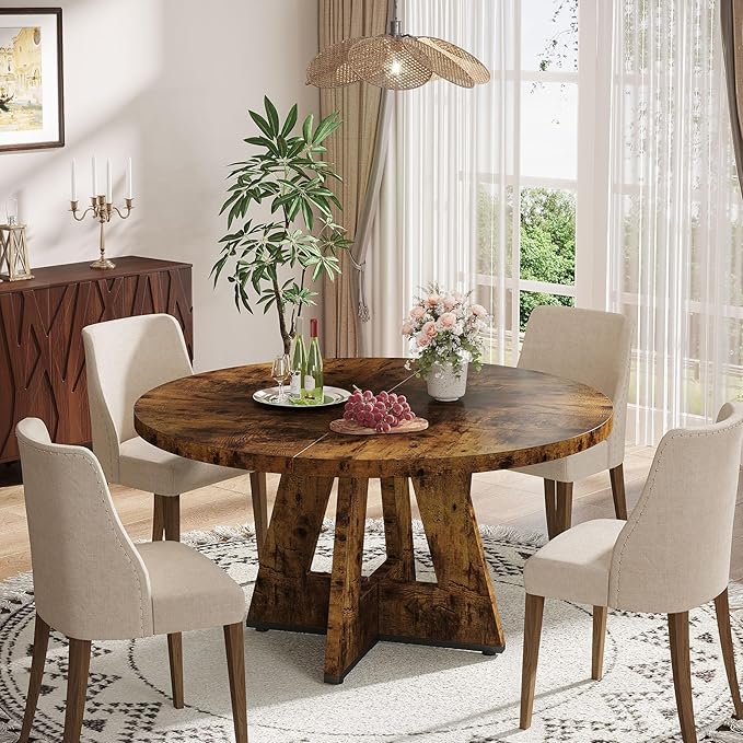 Tribesigns Farmhouse Dining Table, 47 Inch Round Dinner Table for 4, Rustic Round Dining Room Table for Home Dining Room Living Room (Dark Brown)