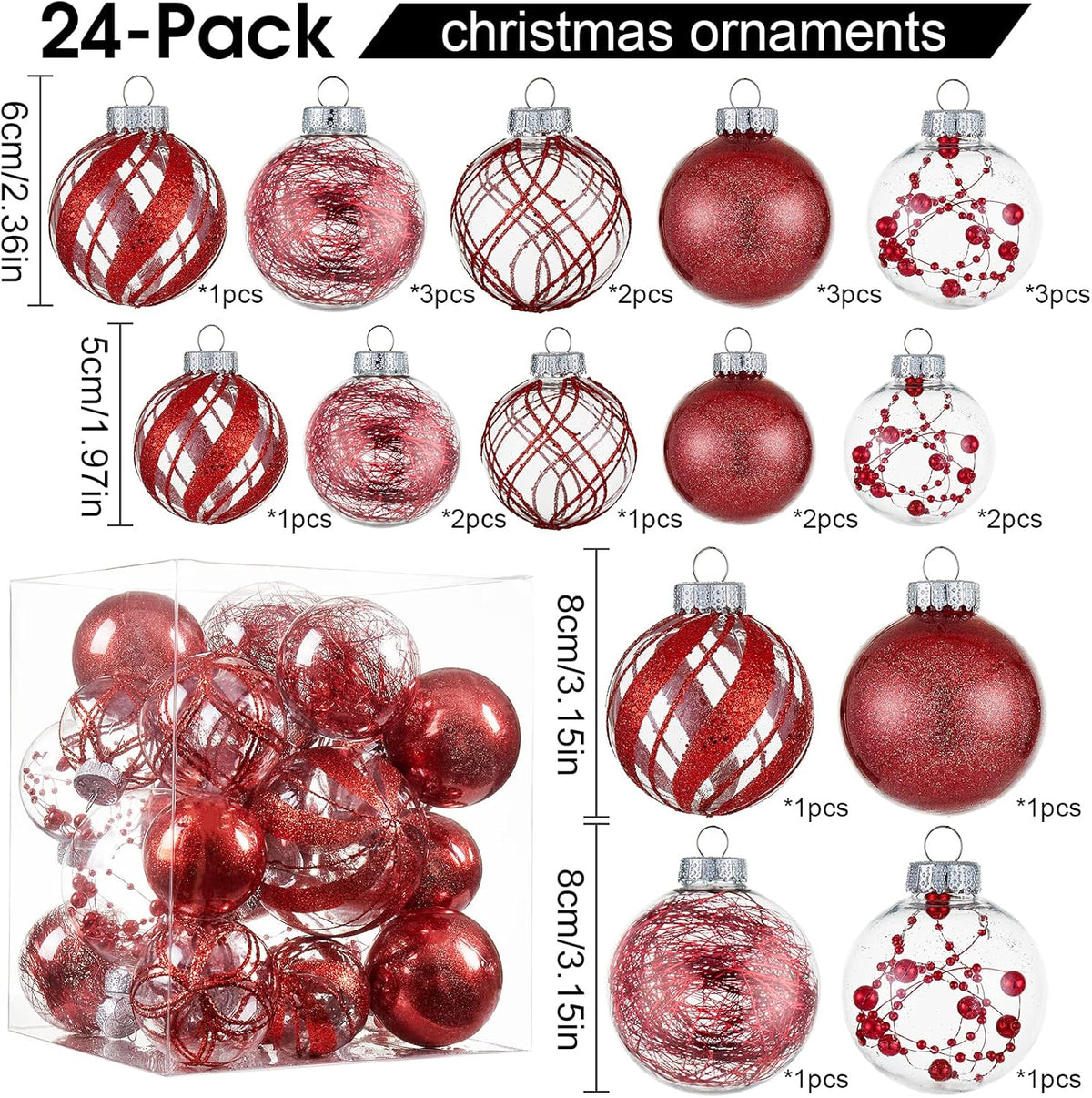 Clear Christmas Ball Ornaments,24ct Shatterproof Plastic Decorative Christmas Ornaments Hanging Xmas Tree Baubles Set with Stuffed Delicate Glittering Decorations for Holiday Party Home Decor (Red)