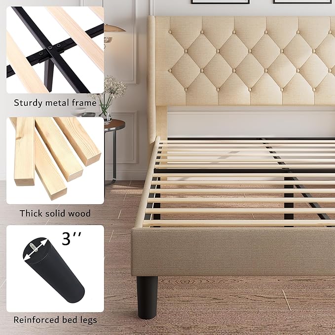 iPormis King Size Platform Bed Frame with Button Tufted Headboard, Upholstered Bed Frame with Solid Wooden Slats, 8" Underbed Space, No Box Spring Needed, Noise Free, Easy Assembly, Beige