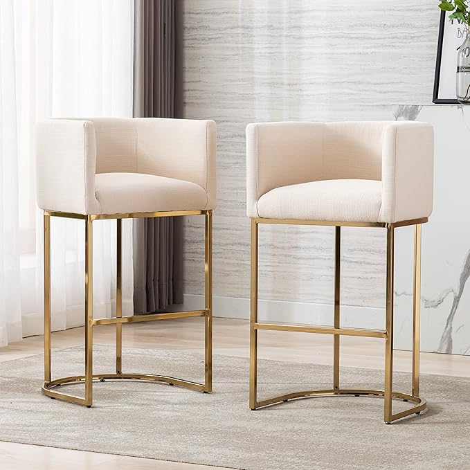 Contemporary Cream Linen Bar Stool, 32" Upholstered Fabric Counter Height Barstool Kitchen Counter Island Stool with Golden Metal Base