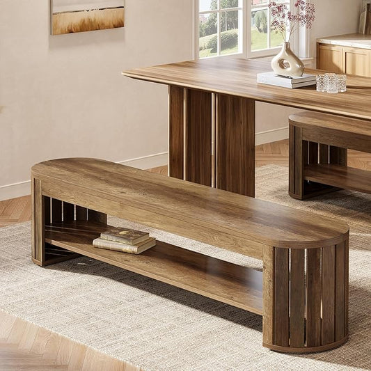 Tribesigns 63" Wooden Dining Bench, Farmhouse Entryway Bench with Arc Vertical Slat Splicing Legs, Kitchen Dining Seat for Dining Room, Living Room, Home Office, Easy Assembly (Brown)