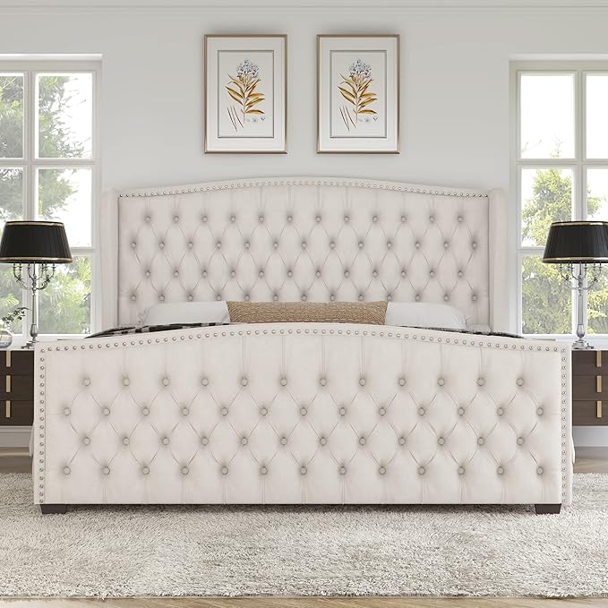 AMERLIFE Queen Size Platform Bed Frame, Velvet Upholstered Bed with Deep Button Tufted & Nailhead Trim Wingback Headboard/No Box Spring Needed/Cream