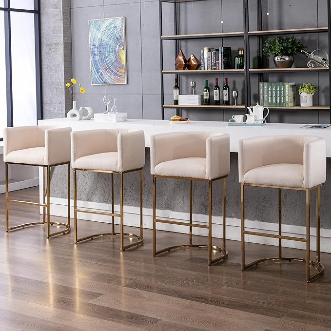 Contemporary Cream Linen Bar Stools Set of 4, 32" Upholstered Fabric Counter Height Barstool Kitchen Counter Island Stools with Golden Metal Base