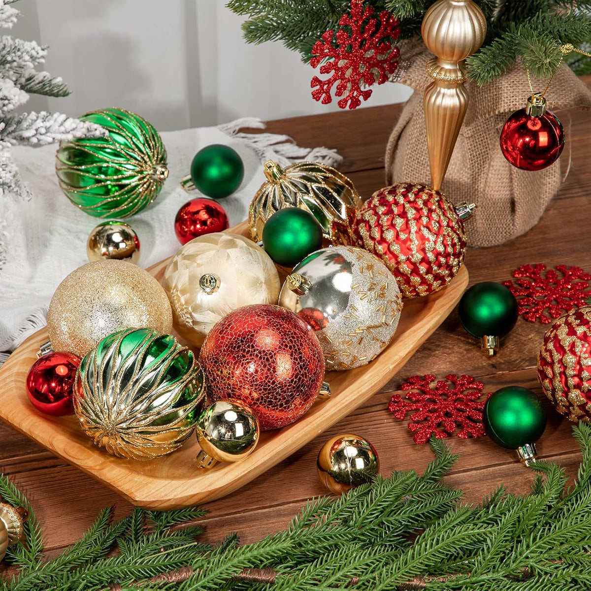 92ct Christmas Tree Decoration Set - Shatterproof Christmas Baubles with Strings for Wreath, Garland & Party Decoration, Red-Green