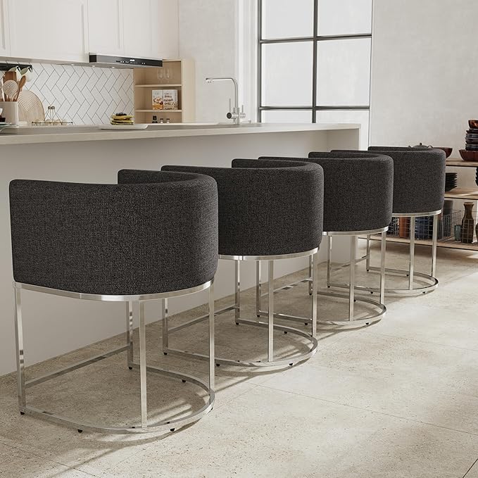 Contemporary Charcoal Linen Bar Stools Set of 4, 24" Upholstered Fabric Counter Height Barstools Kitchen Counter Island Stools with Screwed Together Chrome Finish Base
