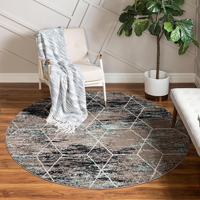 Unique Loom Trellis Frieze Collection Area Rug - Geometric (3' Round, Blue Multi/ Ivory)