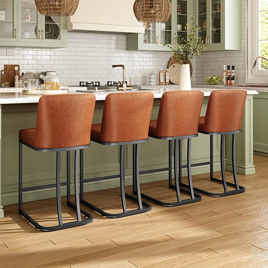 MAISON ARTS Counter Height Bar Stools with Back Set of 4 for Kitchen Counter, 24 Inch Modern Upholstered Faux Leather Barstools Farmhouse Bar Chairs Luxury Island Stools Support 330LBS, Brown