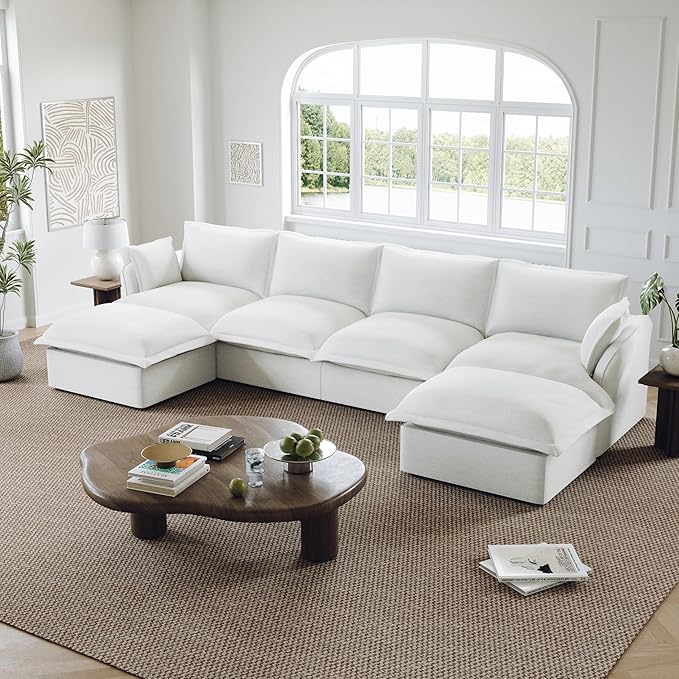 146” Oversized Cloud Modular Sectional Sofa, Comfy Down Filled Cloud Couch with Removable Cover, 4 Seater Modular Couch with 2 Ottomans, U Shaped Sectional Couches for Living Room, Cream White