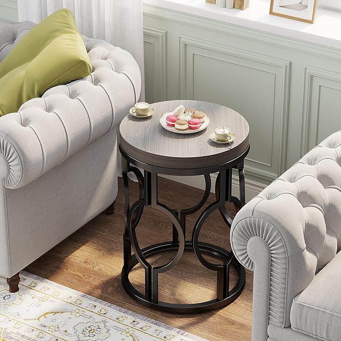 Tribesigns Round End Table, Industrial Side Table with Metal Hollow Frame, Small Bedside Table Nightstand for Living Room, Bedroom, Easy Assembly (Grey,1PC)