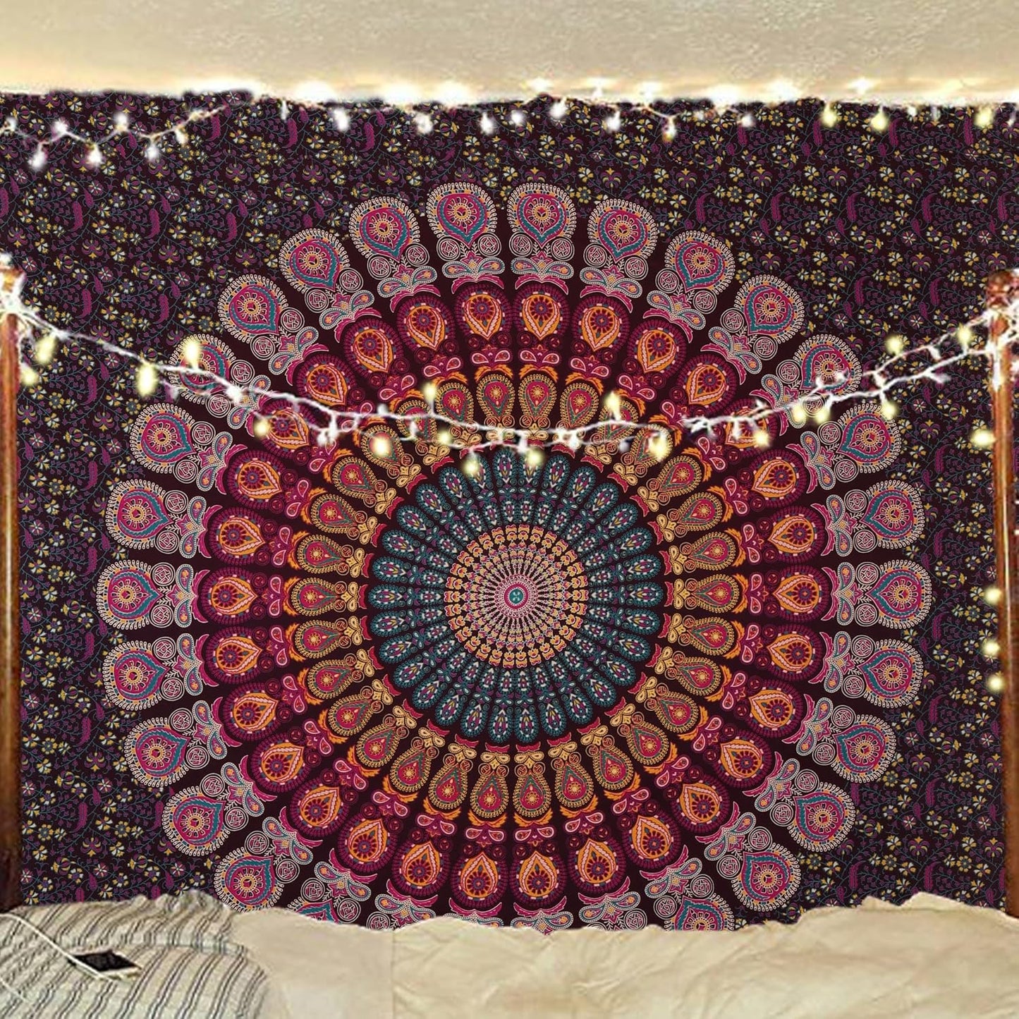 Bless International Handmade Indian hippie Bohemian Psychedelic Peacock Mandala Wall hanging College Dorm Beach Throws Table Cloth Bedding Tapestry (Golden Pink Blue, King(88x104Inches)(225x265Cms))