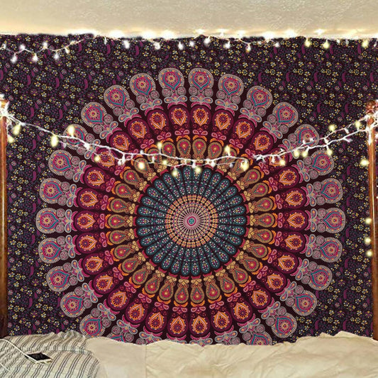 Bless International Handmade Indian hippie Bohemian Psychedelic Peacock Mandala Wall hanging College Dorm Beach Throws Table Cloth Bedding Tapestry (Golden Pink Blue, King(88x104Inches)(225x265Cms))
