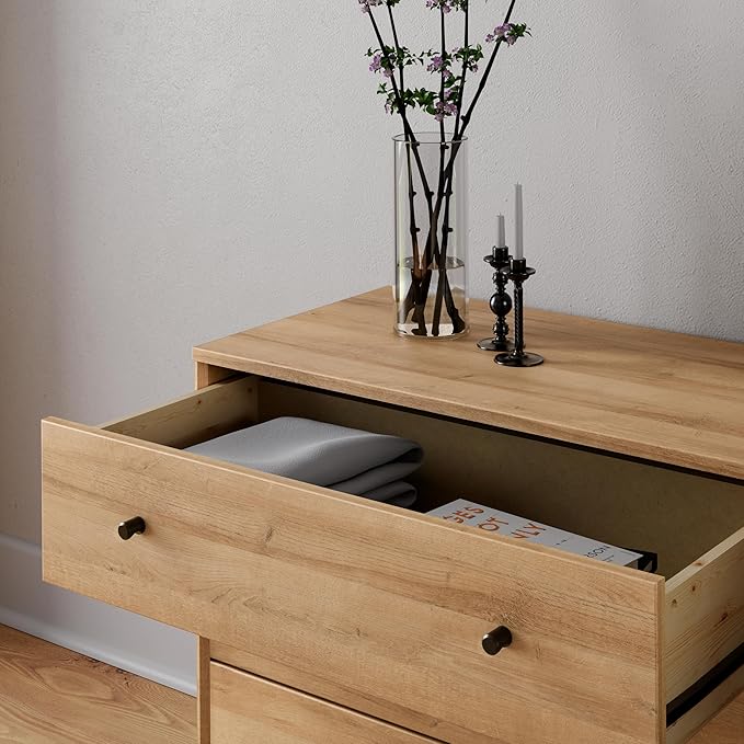 Prepac Finnley 3-Drawer Nightstand in Natural Oak, Extra-Wide Bedside Tables with Storage, Set of 2, Modern End Tables for Home & Bedroom, 16" D x 31" W x 26.75" H