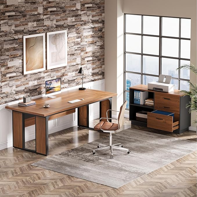 Tribesigns 63‘’ L-Shaped Executive Desk, Office Table with 39.37-Inch Drawers Cabinet, Large Computer Desk with Storage Shelves, Business Furniture Set for Home Office, Brown & Black