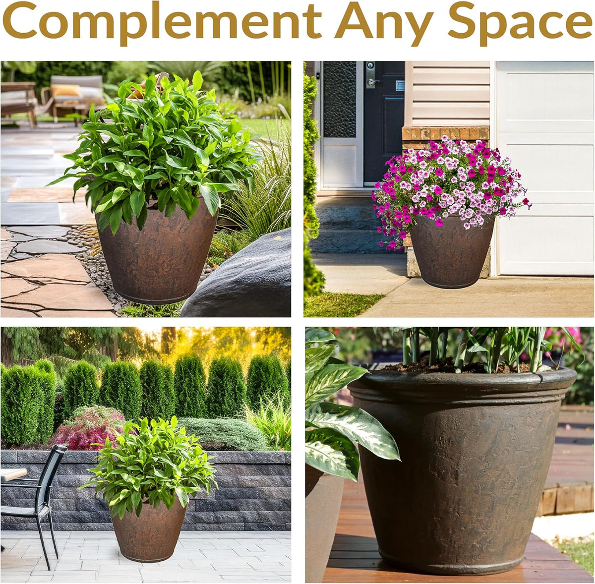 Sunnydaze 24-Inch Anjelica Large Plastic Pot for Plants - Outdoor Polyresin Round Planter with Drillable Drainage Holes - Rust - 4pk