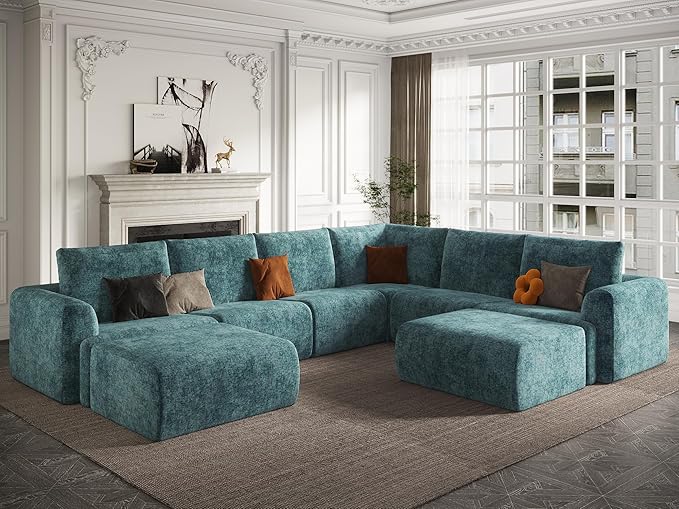 EASE MOOSE Oversized Sectional Cloud Couch, 8-Seat Modular Couch Set, Corner V-Shaped Deep-Seat Boneless Sofa, No-Assembly Chenille Sofa for Living Room, Blue