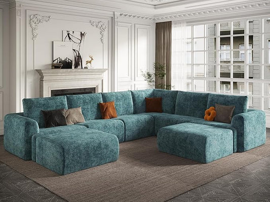 EASE MOOSE Oversized Sectional Cloud Couch, 8-Seat Modular Couch Set, Corner V-Shaped Deep-Seat Boneless Sofa, No-Assembly Chenille Sofa for Living Room, Blue